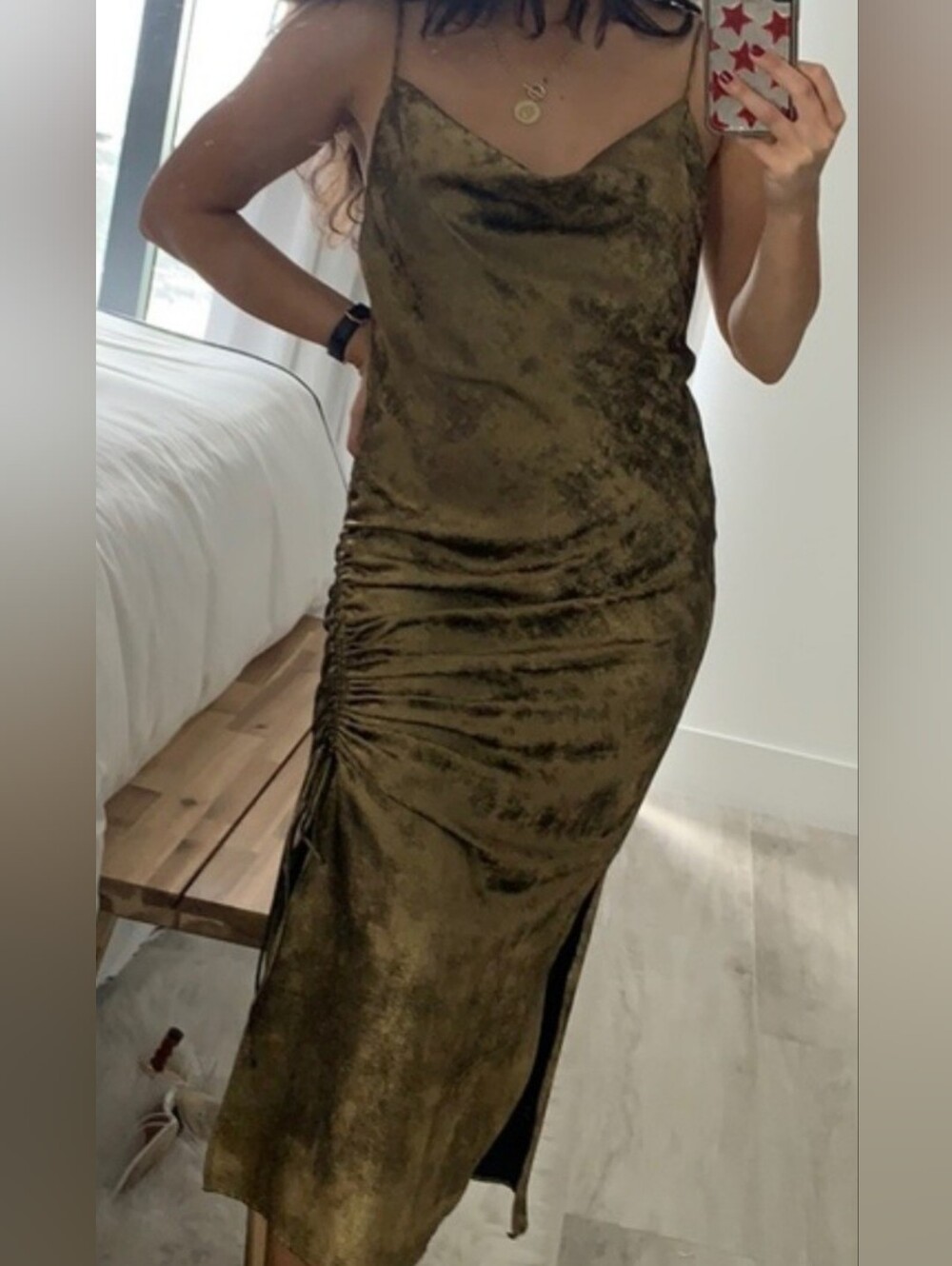 Zara Gold Metallic Ruched Cowl Neck Asymmetric Slip Midi Dress Size S